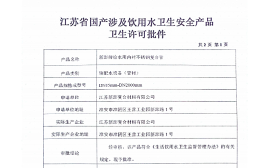 管材涉水衛(wèi)生許可批件